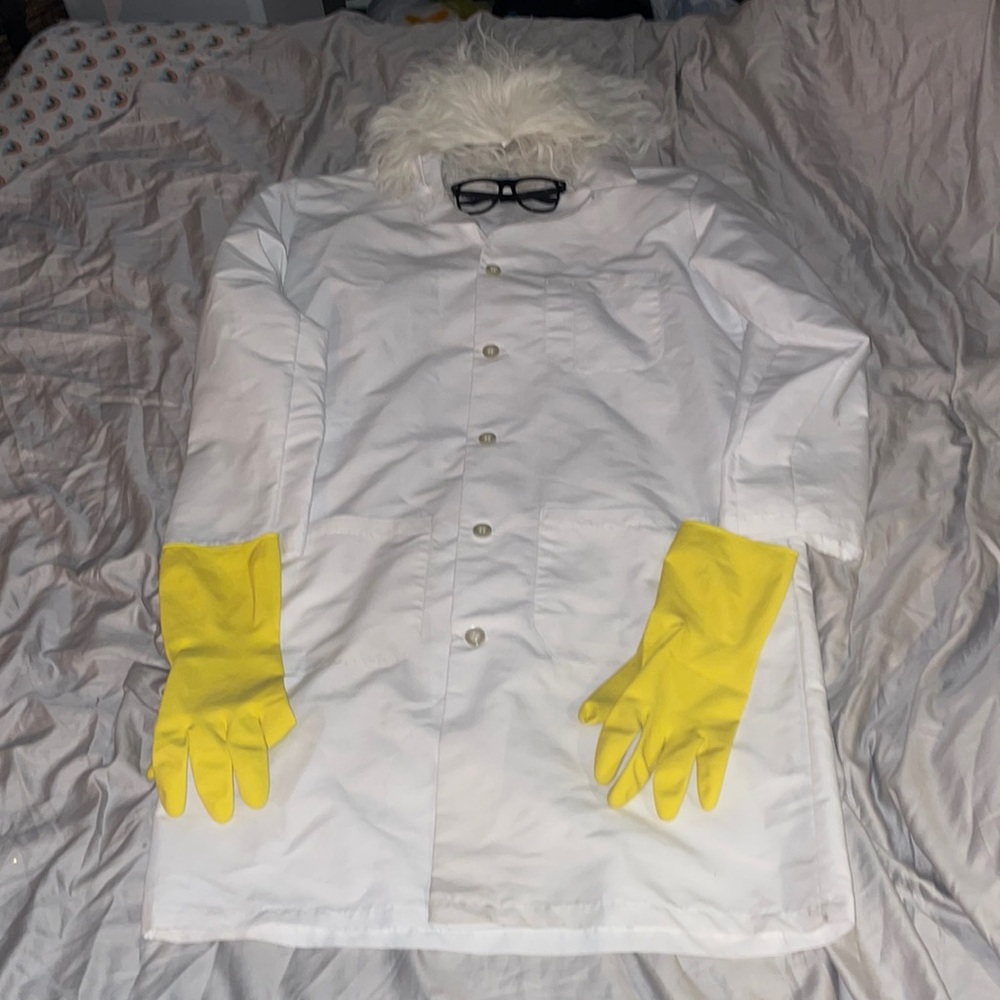Mad Scientist Costume lab coat, wig, glasses, rubber gloves